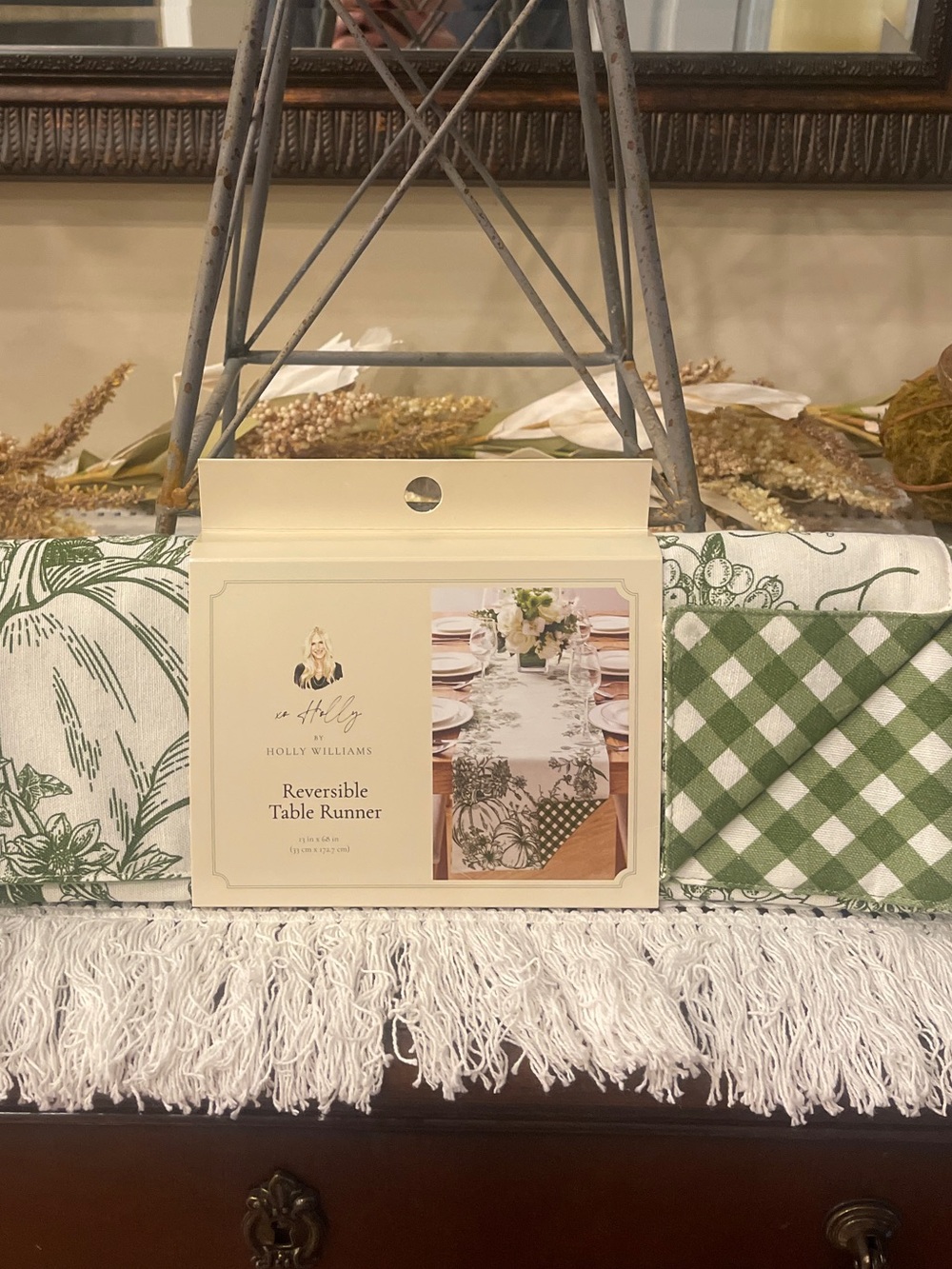 Holly Williams Reversible Fall Harvest Table Runner in green harvest and gingham